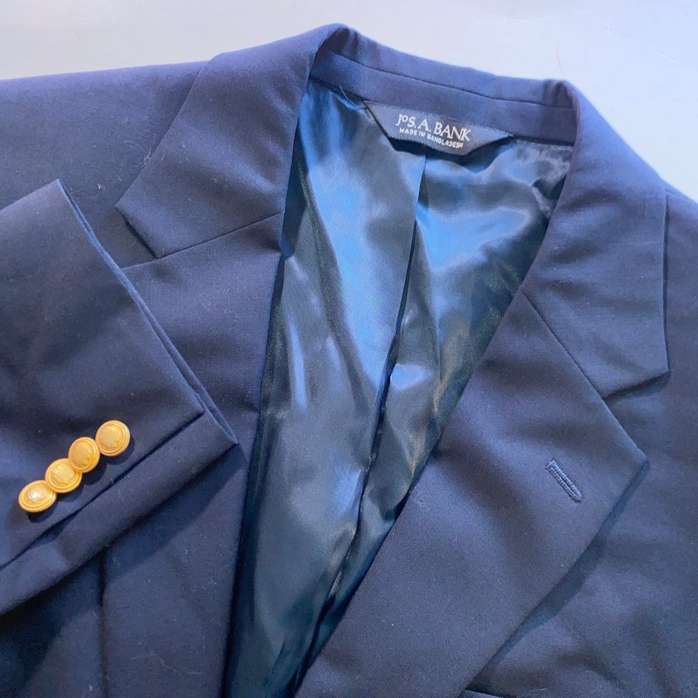 Jos. A. Bank Mens 40S Navy Blue 100% Wool 2-Button Blazer Gold Crest Buttons